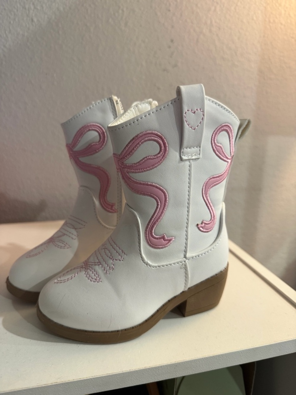 White Kids Western Boots with Pink Stitching from Cracker Barrel